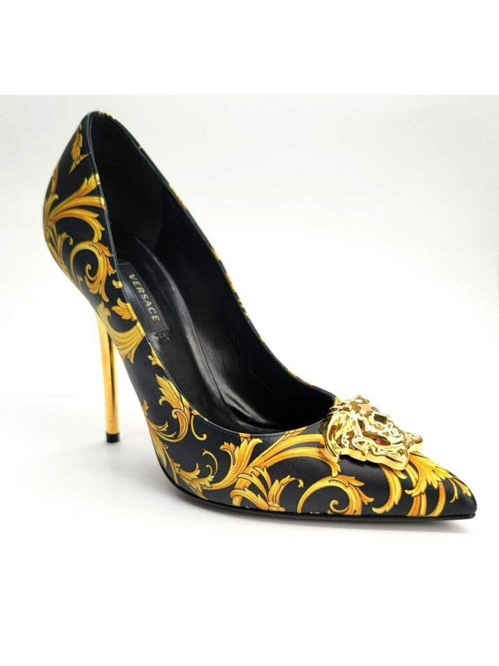 Versace Genuine Gold Black Baroque Medusa Stiletto Leather Heels 6.5/37 VR608